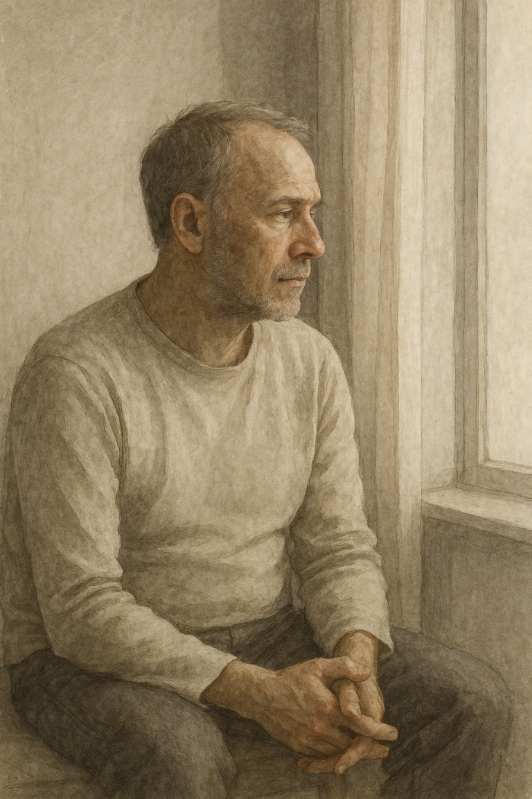 Editorial illustration representing male aging, hormonal changes, and reflection during midlife