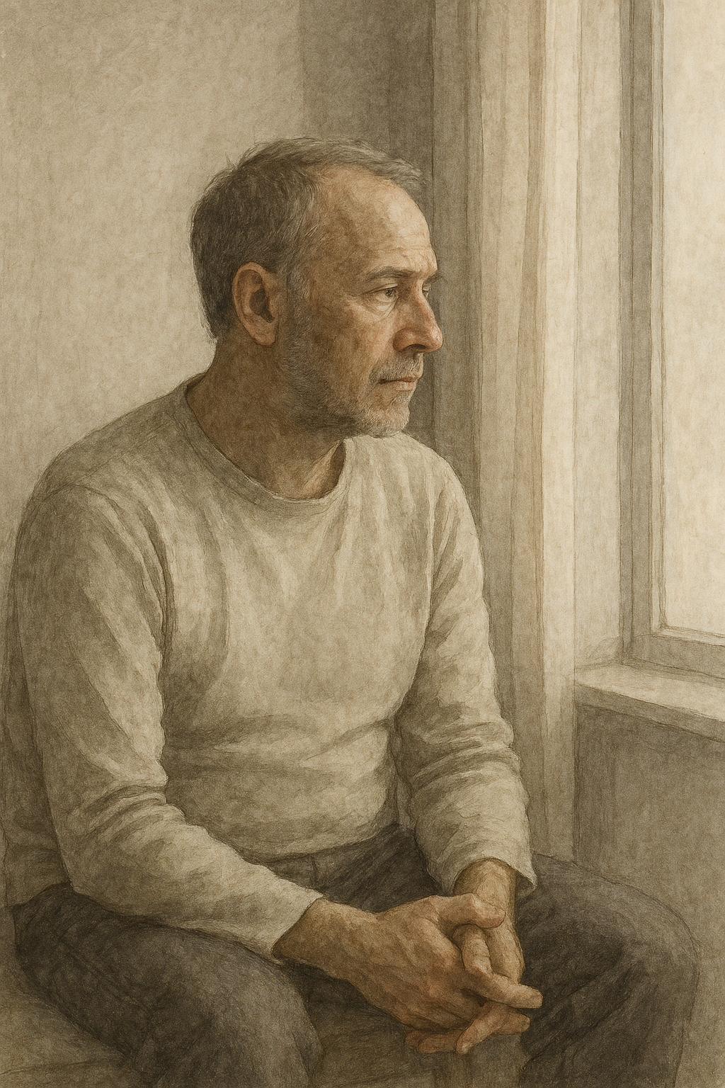 Editorial illustration representing male aging, hormonal changes, and reflection during midlife