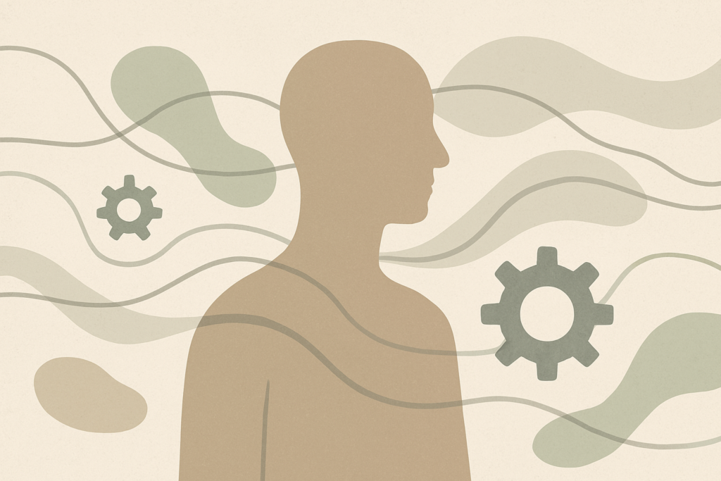 Editorial illustration representing human behavior, energy, and biological systems as interconnected processes
